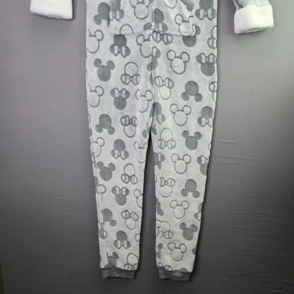 Disney Minnie Mouse Fleece Union Suit Pajamas Small Gray Hooded One Piece Plush - Picture 11 of 16